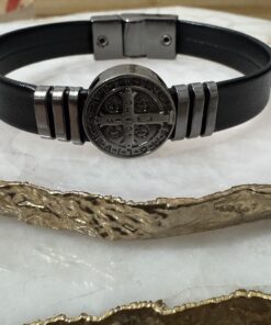 Pulseira de Couro Masculina - Medalha de São Bento